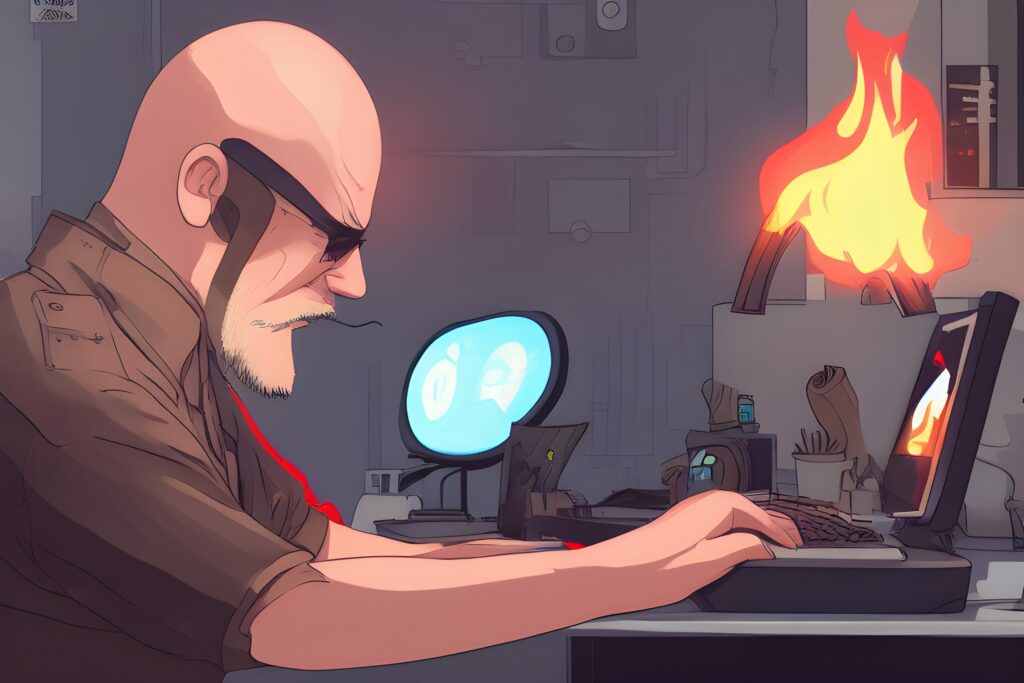 A bald man with a beard, with his scalp on fire, typing maddly at the keyboard of a multiscreened workstation cyberpunk, trending on artstation, by Hayao Miyazaki, in the style of cyberpunk